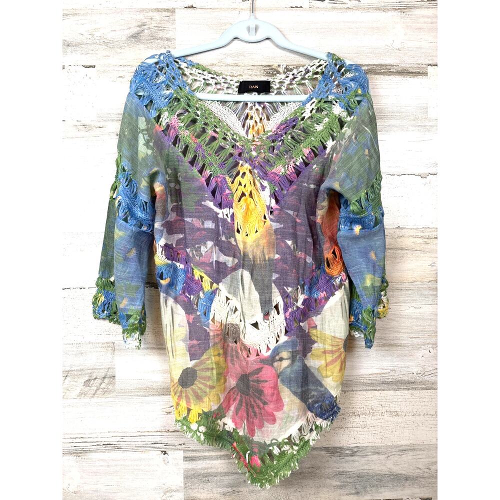 Rain Womens M Multi Color Boho Crochet Lightweight 3 4 Sleeve Pullover Blouse